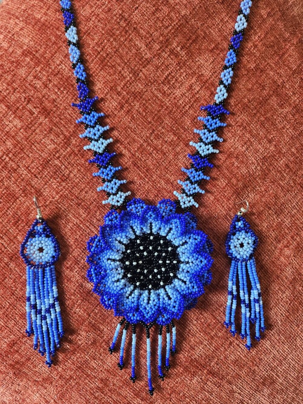 New Huichol Blue 3D Flower Necklace Set with Matching Dangle Earrings